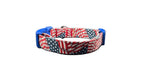 Dog collar with American flag pattern on a white surface