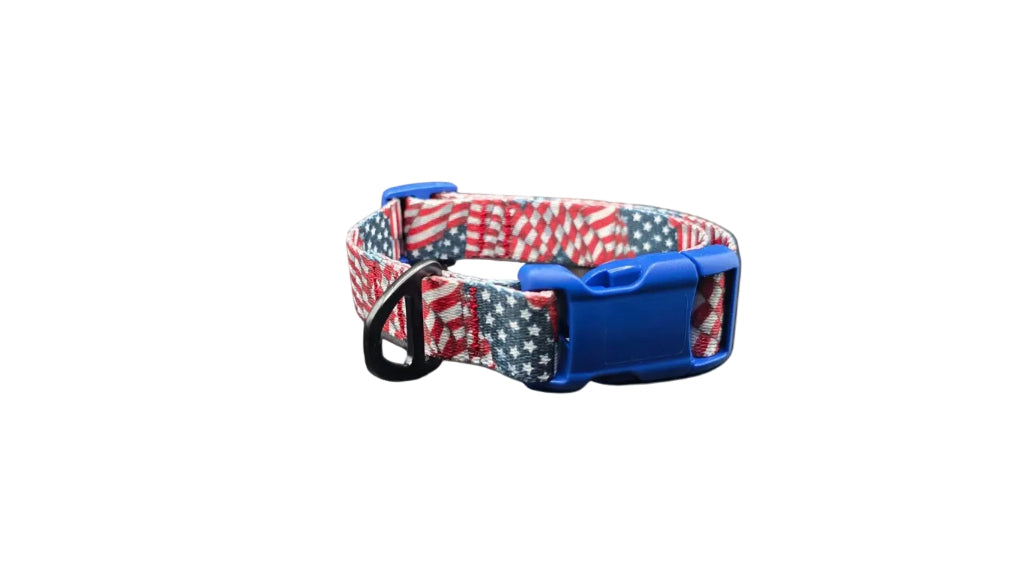 Dog collar with American flag pattern on a white background