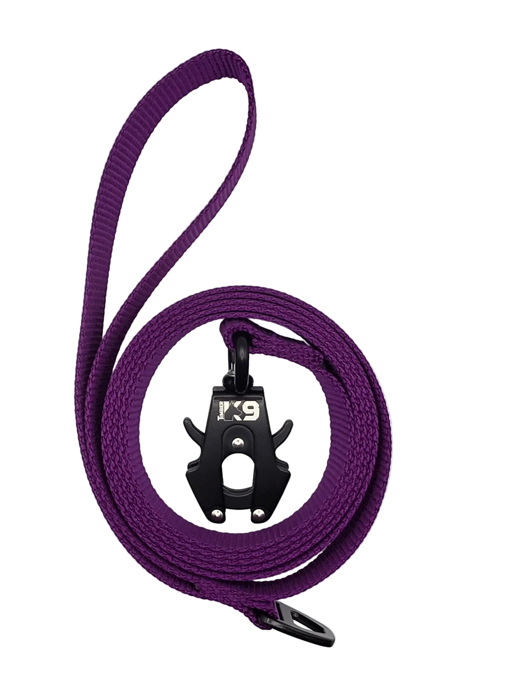 Purple dog leash with a black clip on a white background