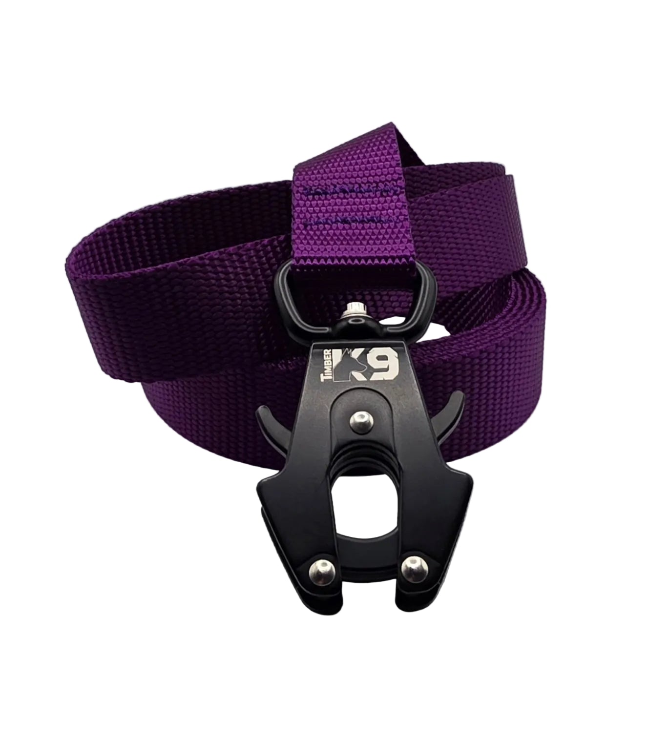 Purple dog leash with black clip on a white background