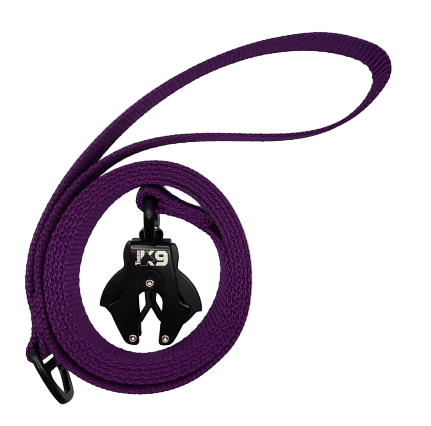 Purple dog leash with a black clasp on a white background