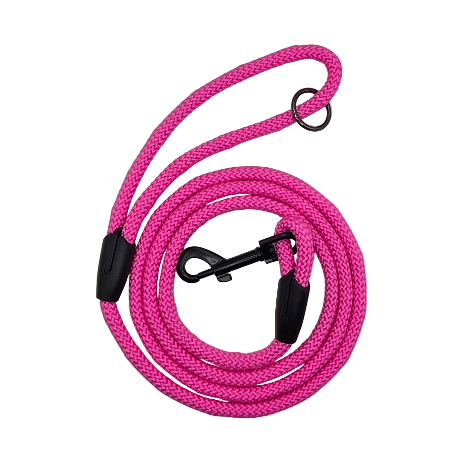 Hot pink leash with black clasp and handle ring