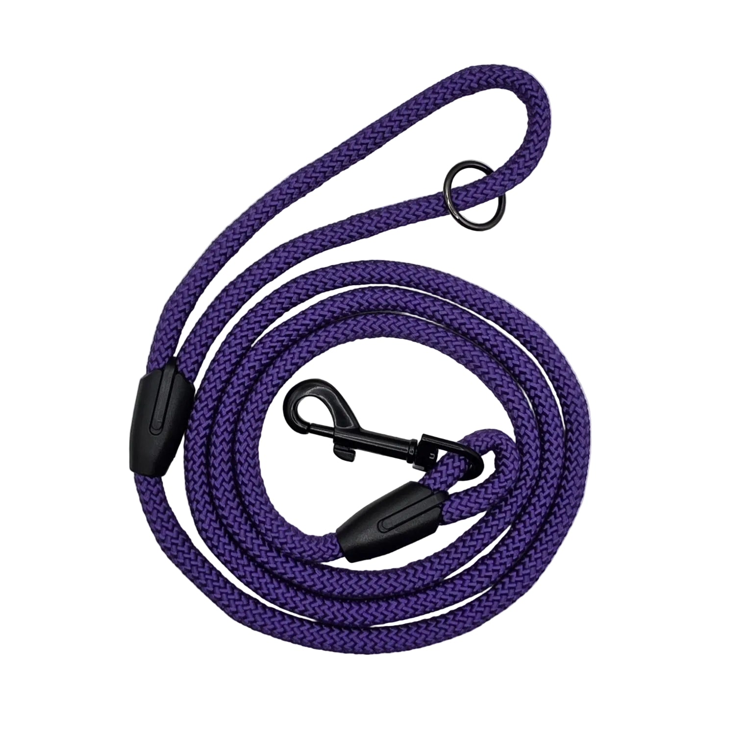 Purple dog leash with black clasp and handle ring