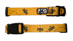 Dog collar made with polyester webbing with bee designs on a yellow background with white honeycomb pattern