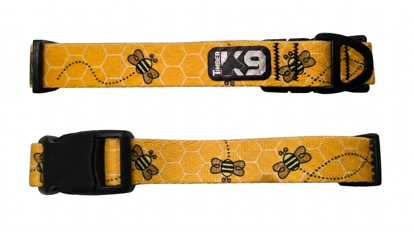Dog collar made with polyester webbing with bee designs on a yellow background with white honeycomb pattern