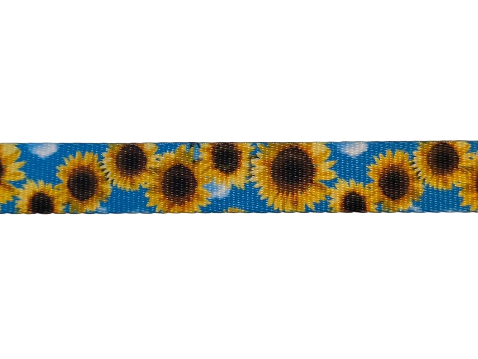 Polyester webbing with sunflower pattern on a blue sky with clouds background