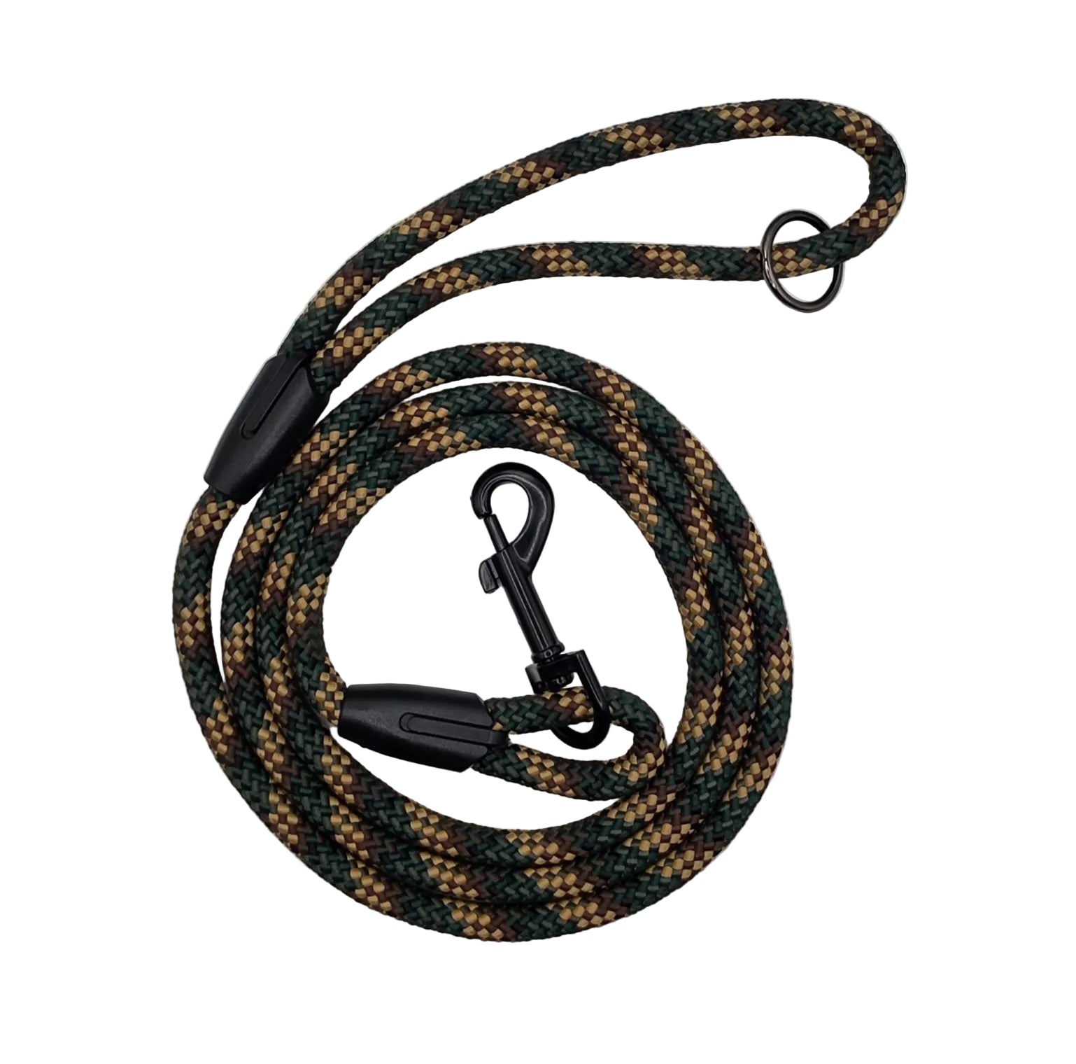 Woodland camo leash with black clasp and handle ring